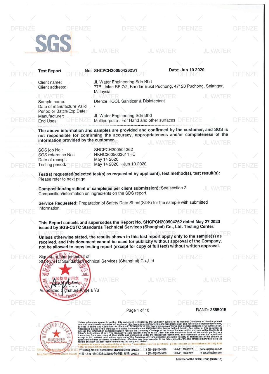 Certifications & Regulations - DFENZE HOCL Sanitizer & Disinfectant